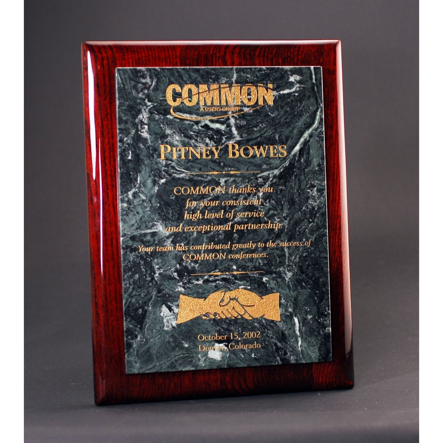 Rosewood Piano Finish Plaque With Green Marble Panel Rosewood Piano Finish Plaque With Green Marble Panel