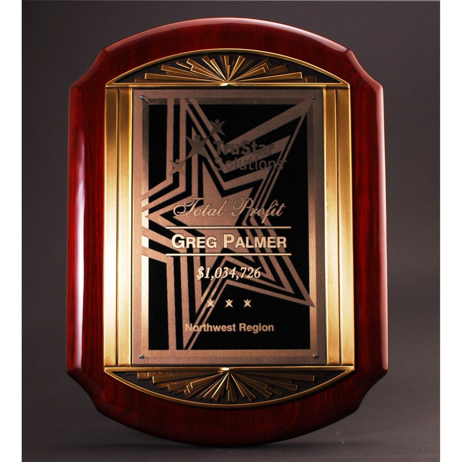 Scalloped Rosewood Piano Finish Plaque With Antique Bronze Cast Metal Frame Scalloped Rosewood Piano Finish Plaque With Antique Bronze Cast Metal Frame