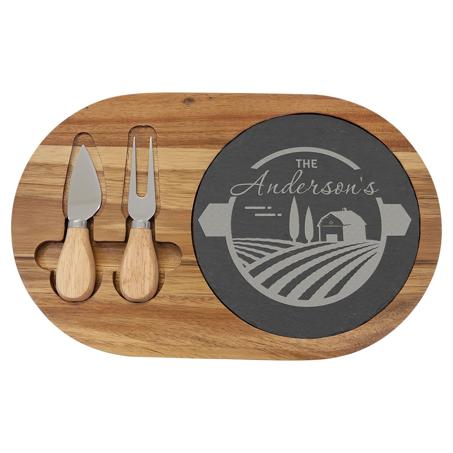 Acacia Wood/Slate Oval Cheese Set with Two Cheese Tools Acacia Wood/Slate Oval Cheese Set with Two Cheese Tools