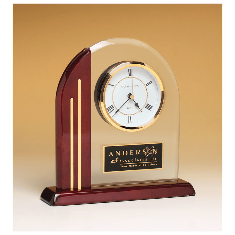 Arch Clock with Glass Upright and Rosewood Piano Finish Post and Base with Plate Arch Clock with Glass Upright and Rosewood Piano Finish Post and Base with Plate
