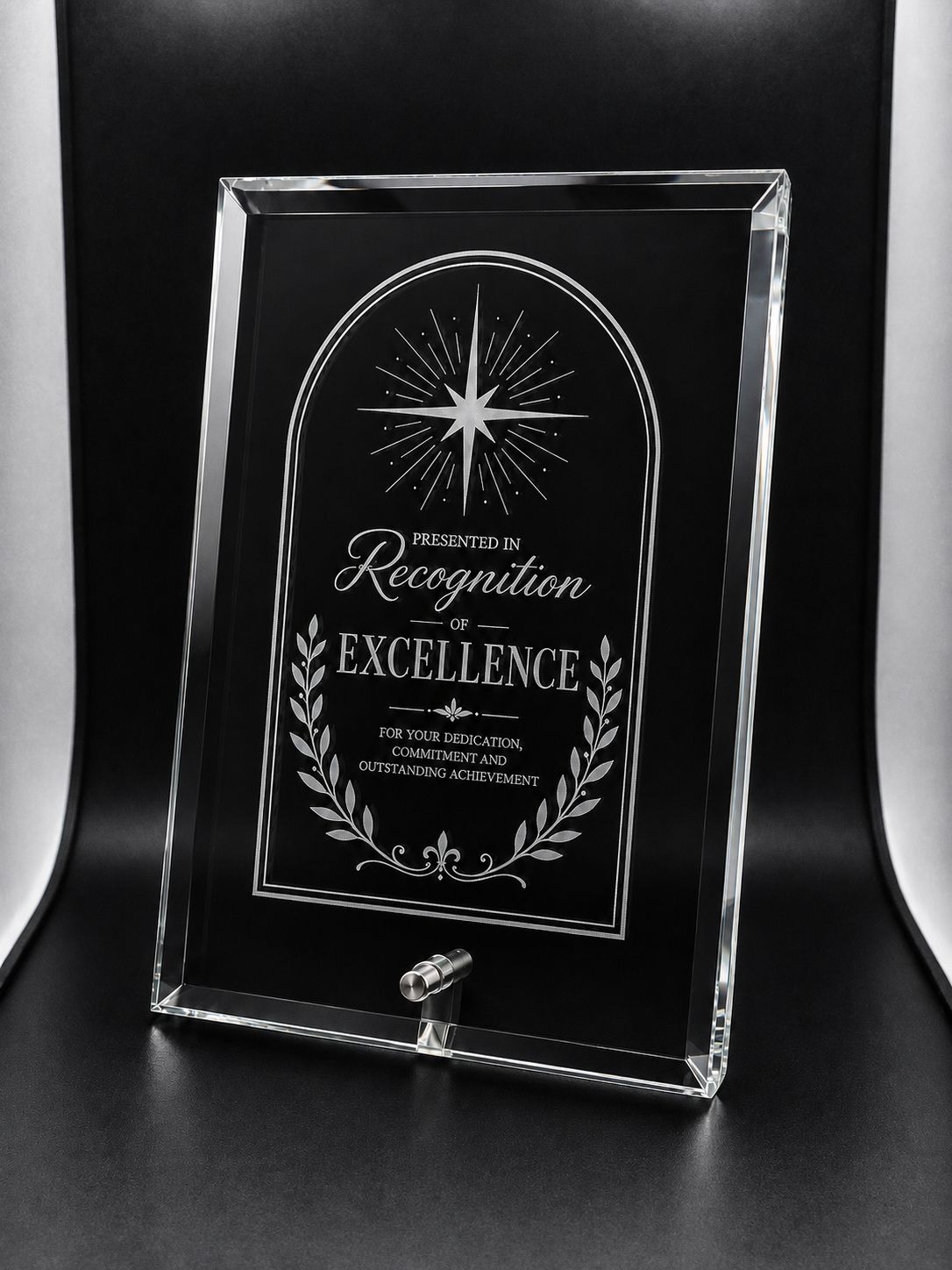 Clear Glass Award with Black Painted Background Silver Plated Post Clear Glass Award with Black Painted Background Silver Plated Post