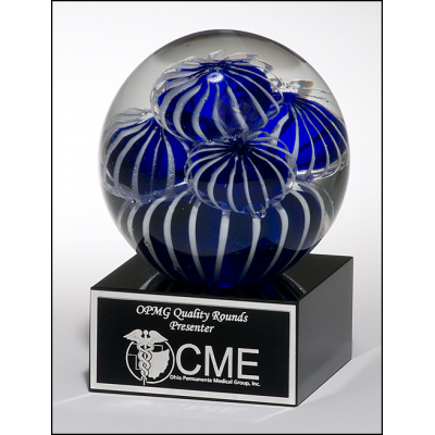 Art Glass Round Blue Blooms on Black Base Art Glass Round Blue Blooms on Black Base