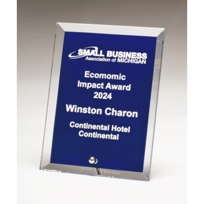 Clear Glass Award with Blue Painted Background Silver Plated Post Clear Glass Award with Blue Painted Background Silver Plated Post