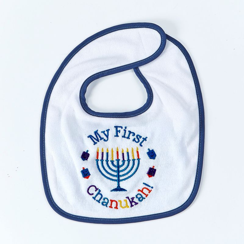 "MY FIRST CHANUKAH",EMBROIDERED BIB,COTTON/POLY,9x11",CARD