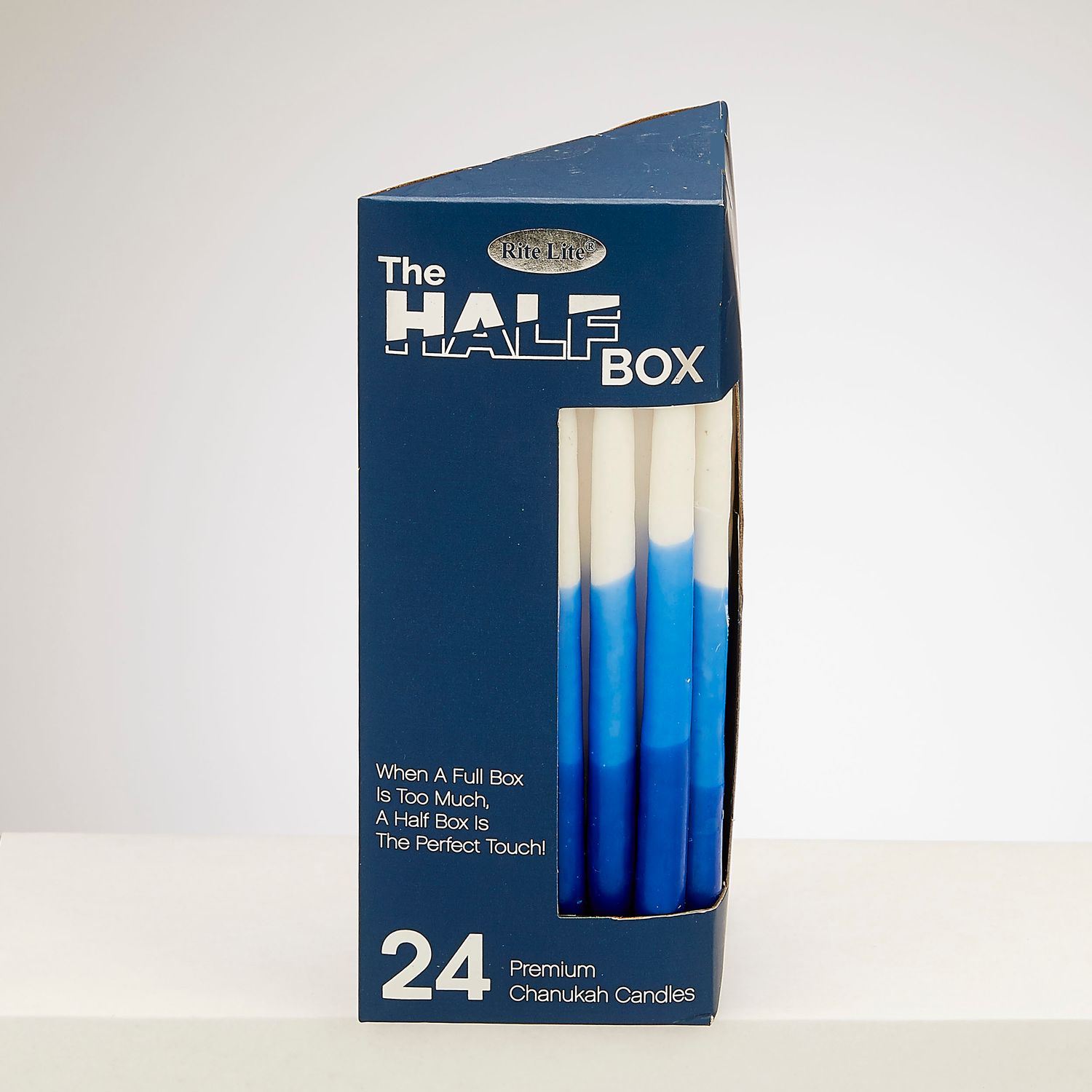 "THE HALF BOX" 24 PACK CHANUKAH CANDLES,BLUE/WHITE TRICOLOR,GFTBX