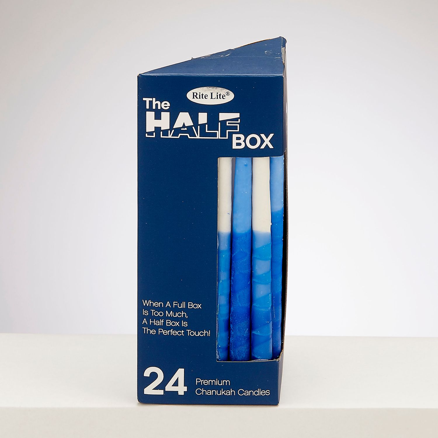 "THE HALF BOX" 24 PACK CHANUKAH CANDLES,HANDCRAFTED BL/WH,GIFTBOX