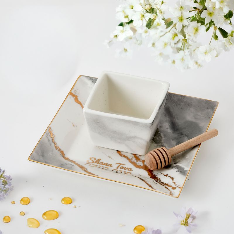 APPLE&amp;HONEY DISH,PORCELAIN,SQUARE PLATE&amp;HONEY DIPPER, 6",CLRBX