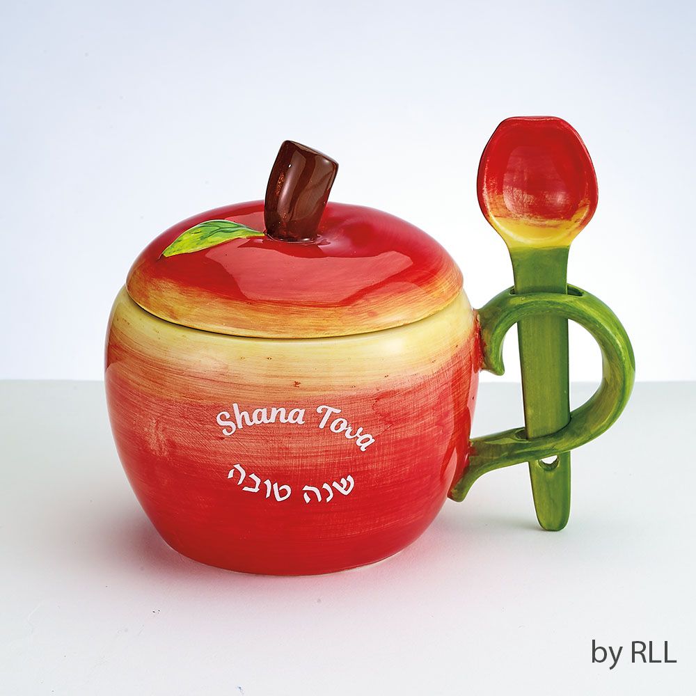APPLE HONEY DISH WITH SPOON, CERAMIC,4"x4.75",COLOR BOX