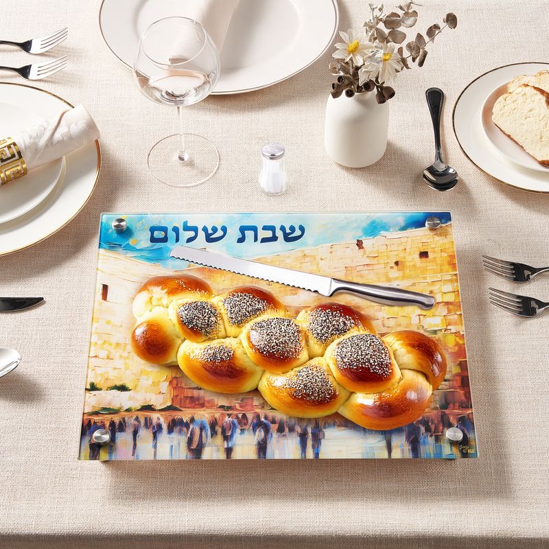 CHALLAH BOARD,"KOTEL" DESIGN,TEMPERED GLASS,S/S LEGS,12X15",CLRBX
