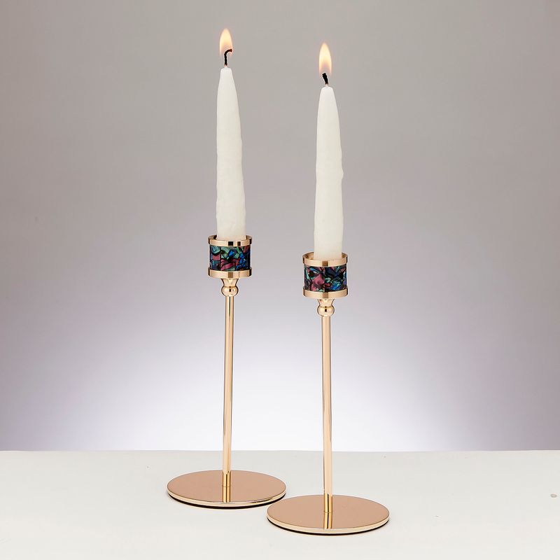 CANDLESTICKS, ENAMEL DESIGN,ALUM,GOLDTONE FINISH,7",PAIR/BX-1
