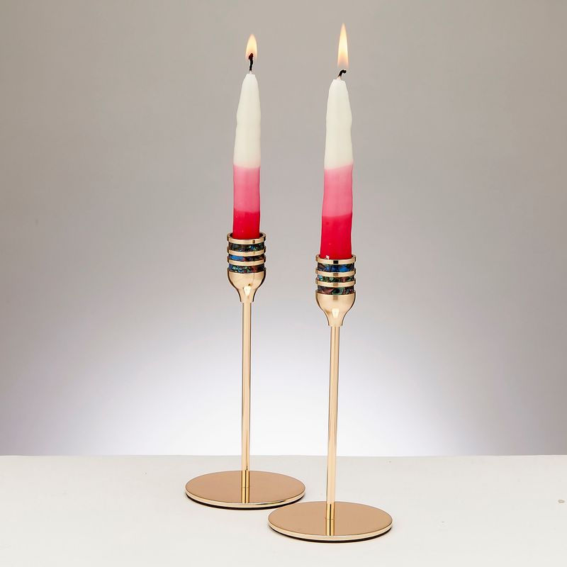 CANDLESTICKS, ENAMEL DESIGN,ALUM,GOLDTONE FINISH,7",PAIR/BX-2