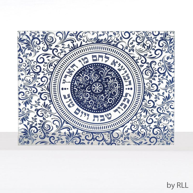 CHALLAH BOARD, "BLUE DAMASK", TEMPERED GLASS,13"X10", COLOR BOX