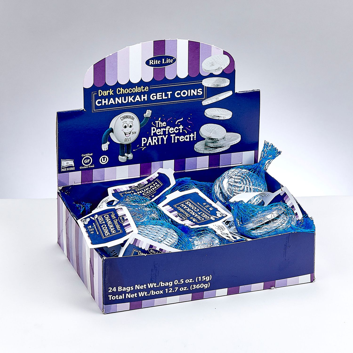 CHAN. GELT, DARK CHOCO. COINS, PAREVE, 0.5 OZ., 24/DISPLAY