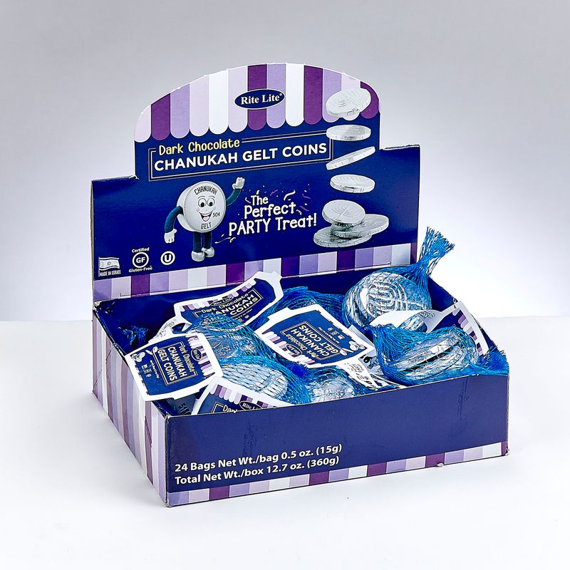 CHAN. GELT, DARK CHOCO. COINS, PAREVE, 0.5 OZ., 24/DISPLAY