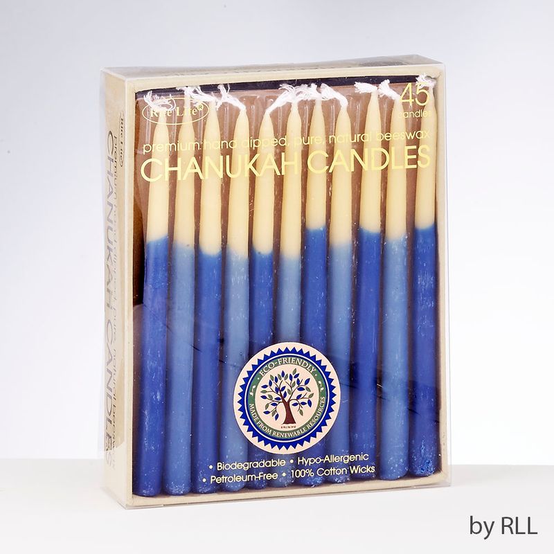 CHANUKAH CANDLES,HAND-DIPPED BEESWAX, BLUE&amp;NATURAL 45/RECYCLE BOX