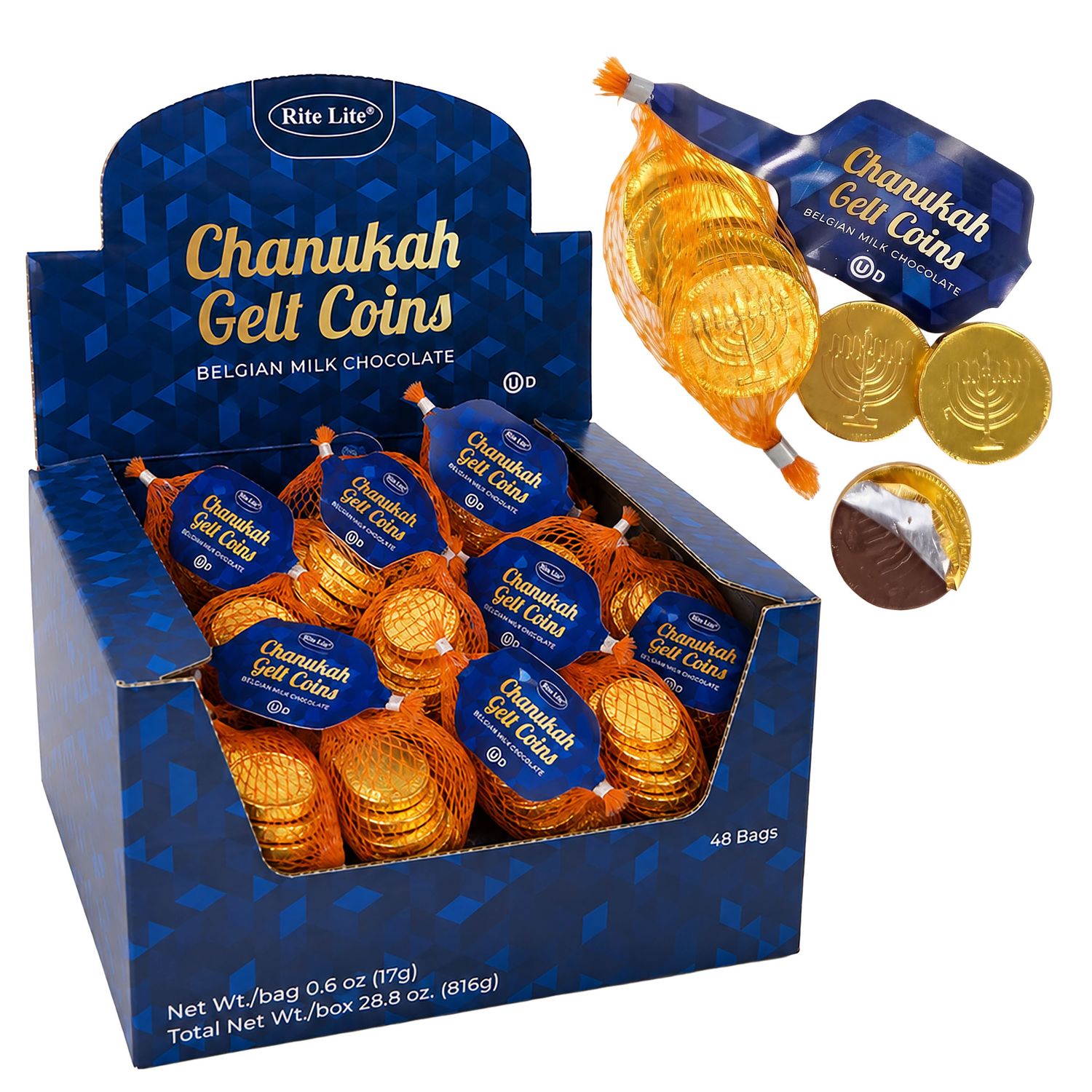 CHANUKAH GELT BELG MILK CHOCOLATE COINS,0.6 OZ,48 BAGS/DISPLAY