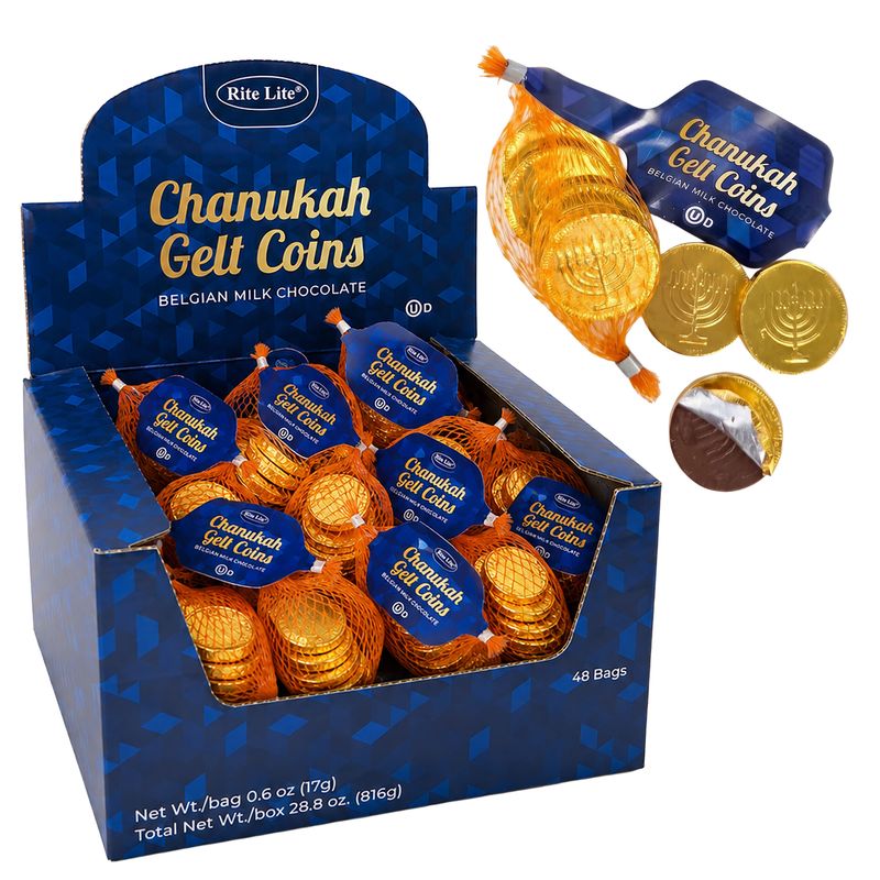 CHANUKAH GELT BELG MILK CHOCOLATE COINS,0.6 OZ,48 BAGS/DISPLAY