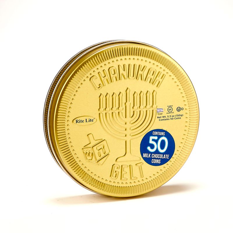 CHANUKAH GELT, MILK CHOC COINS, 5.3 OZ,50 COINS/GIFT TIN