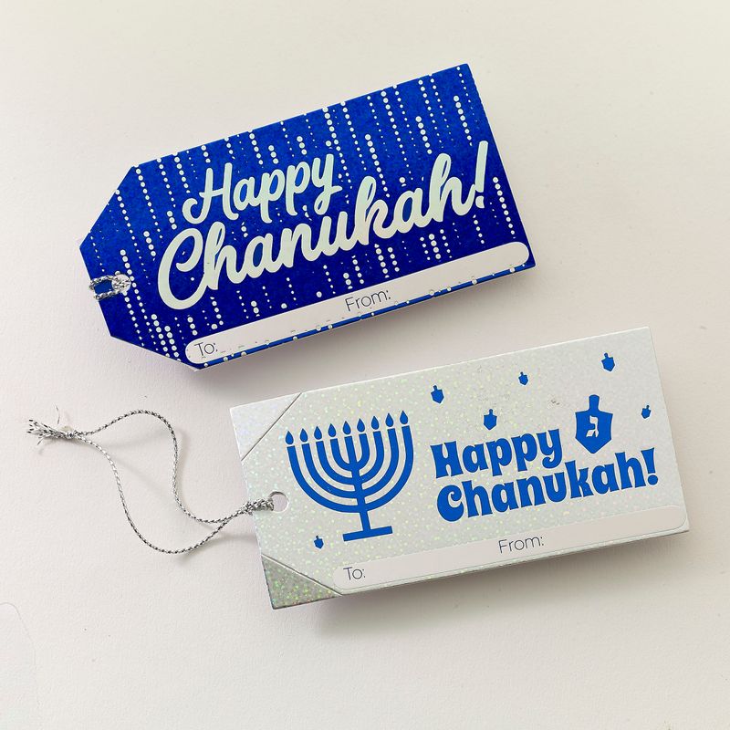 CHANUKAH GIFT TAGS,BLUE FOIL,PRISMATIC ACCENTS,4"x2,8/PACK,HEADER
