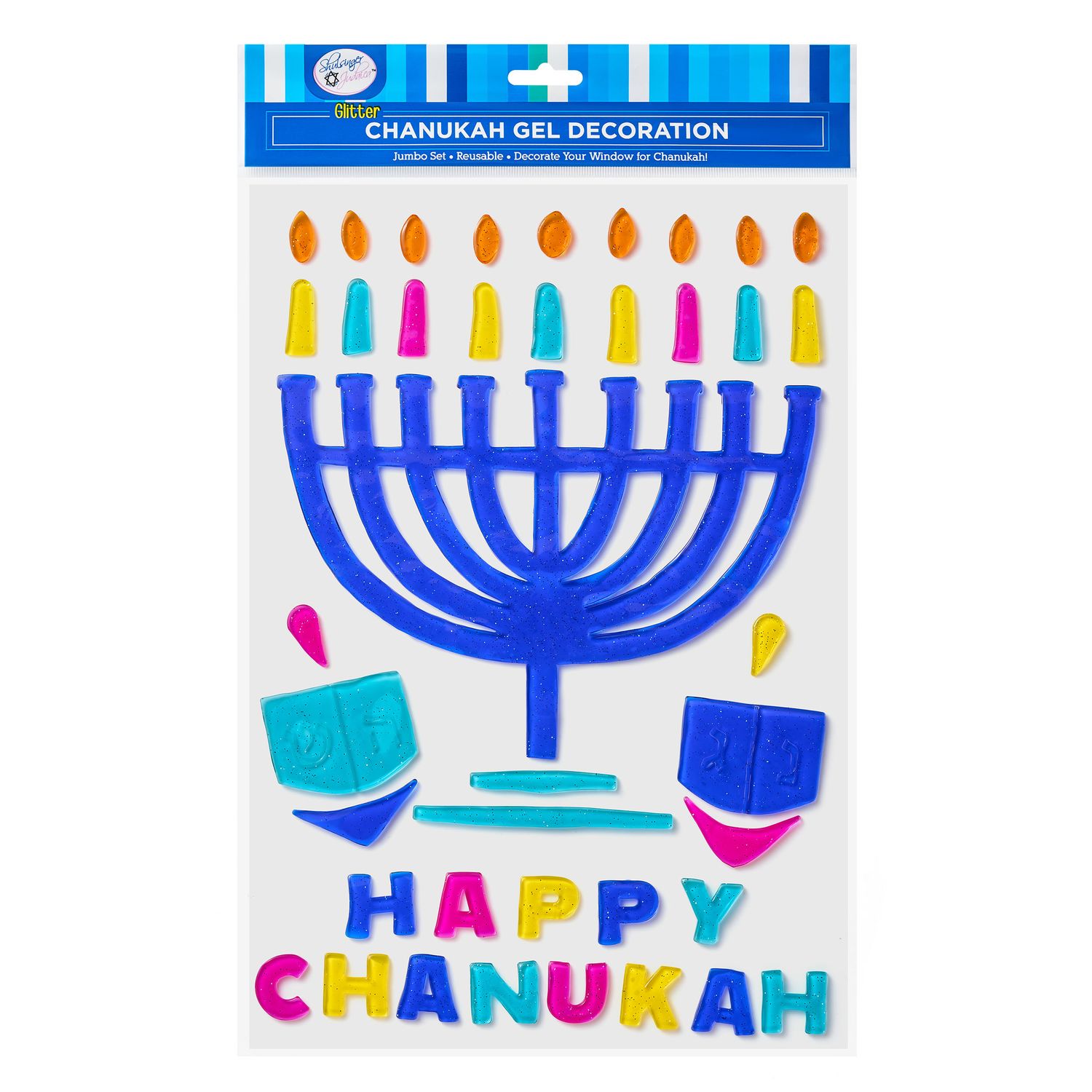 CHANUKAH JUMBO GLITTER WINDOW GEL DECORATION, 13.5"X9", HEADER