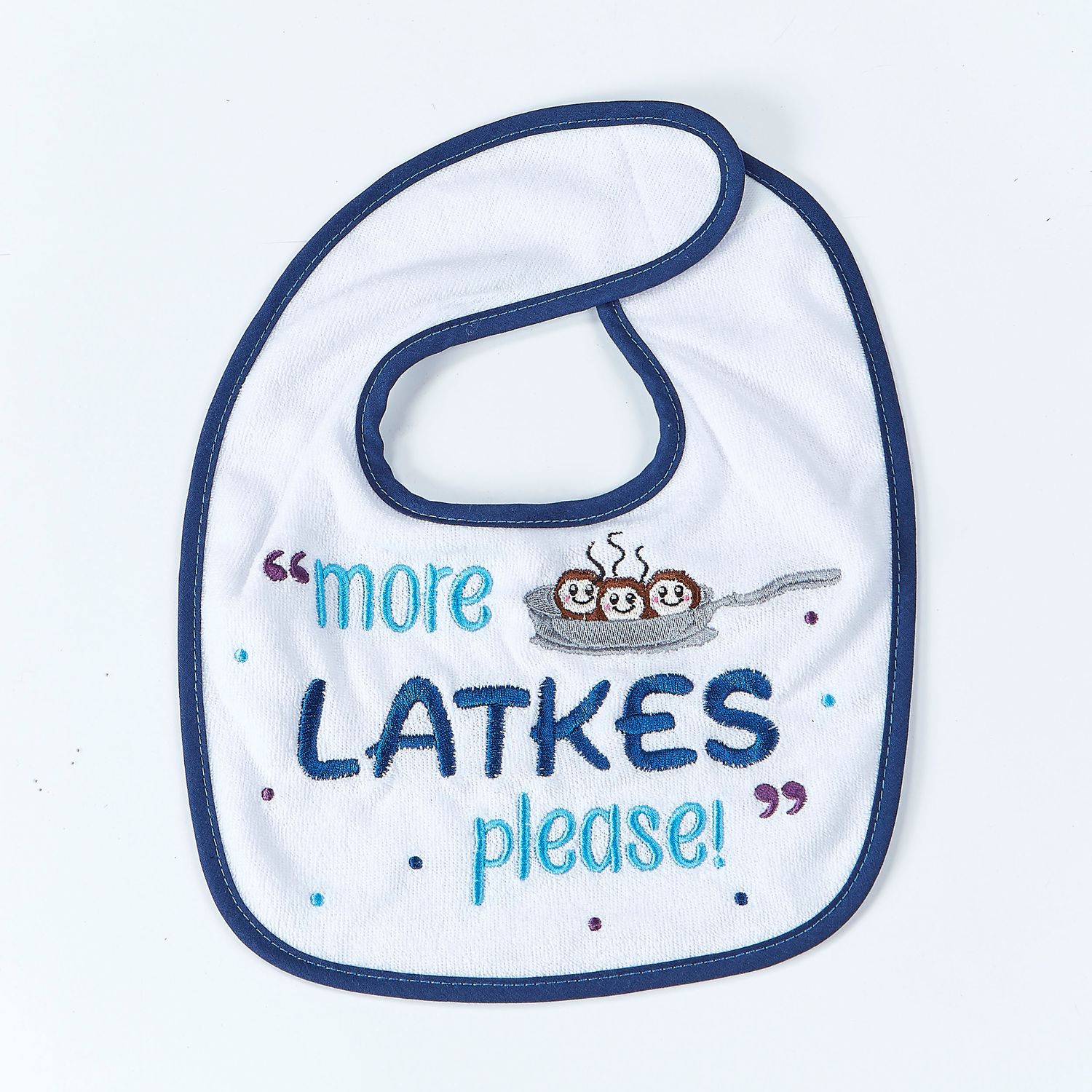 CHANUKAH BIB, "MORE LATKES PLEASE", COTT/POLY,9"x11", CARD