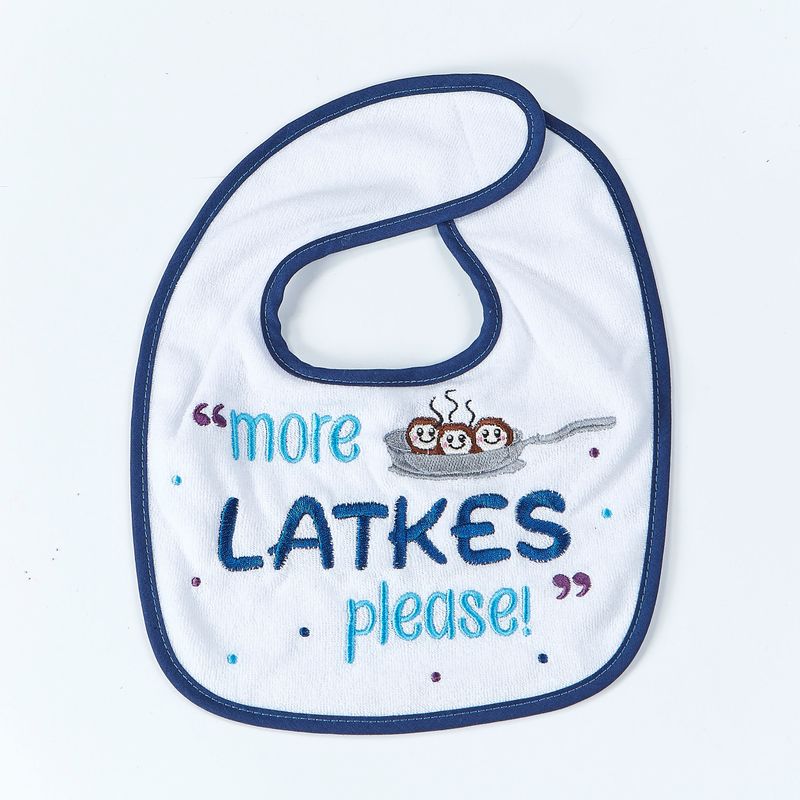 CHANUKAH BIB, "MORE LATKES PLEASE", COTT/POLY,9"x11", CARD