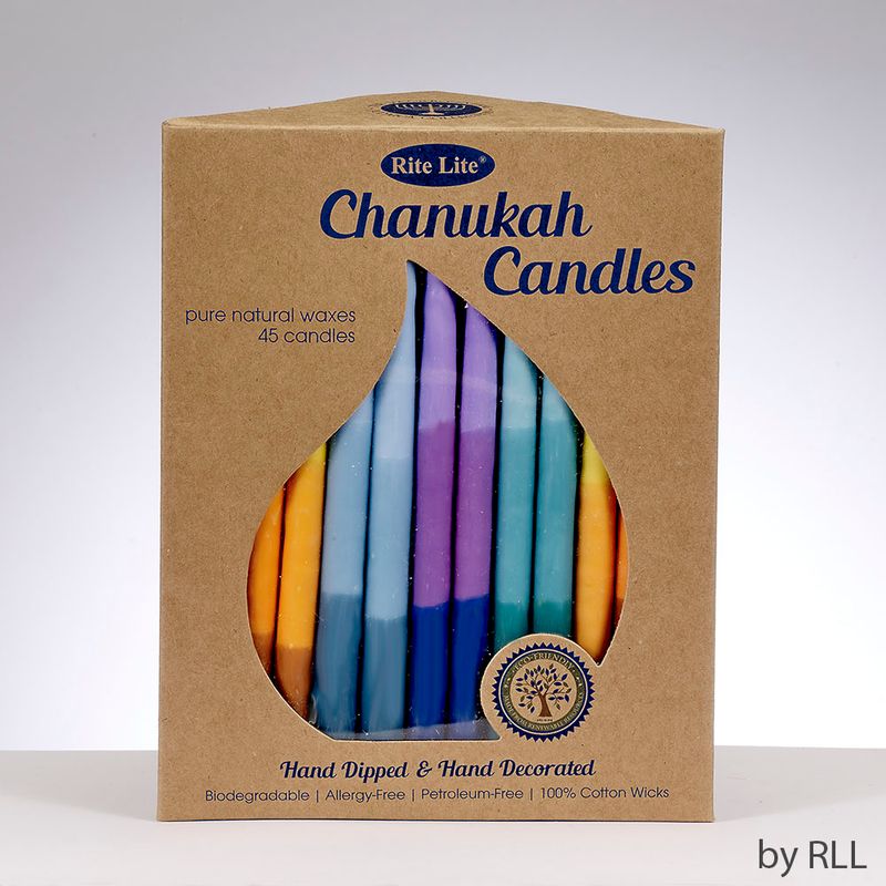 CHANUKAH CANDLES, PREMIUM,PURE VEG. WAX,MULTI TRI-COLOR,45/GFT BX
