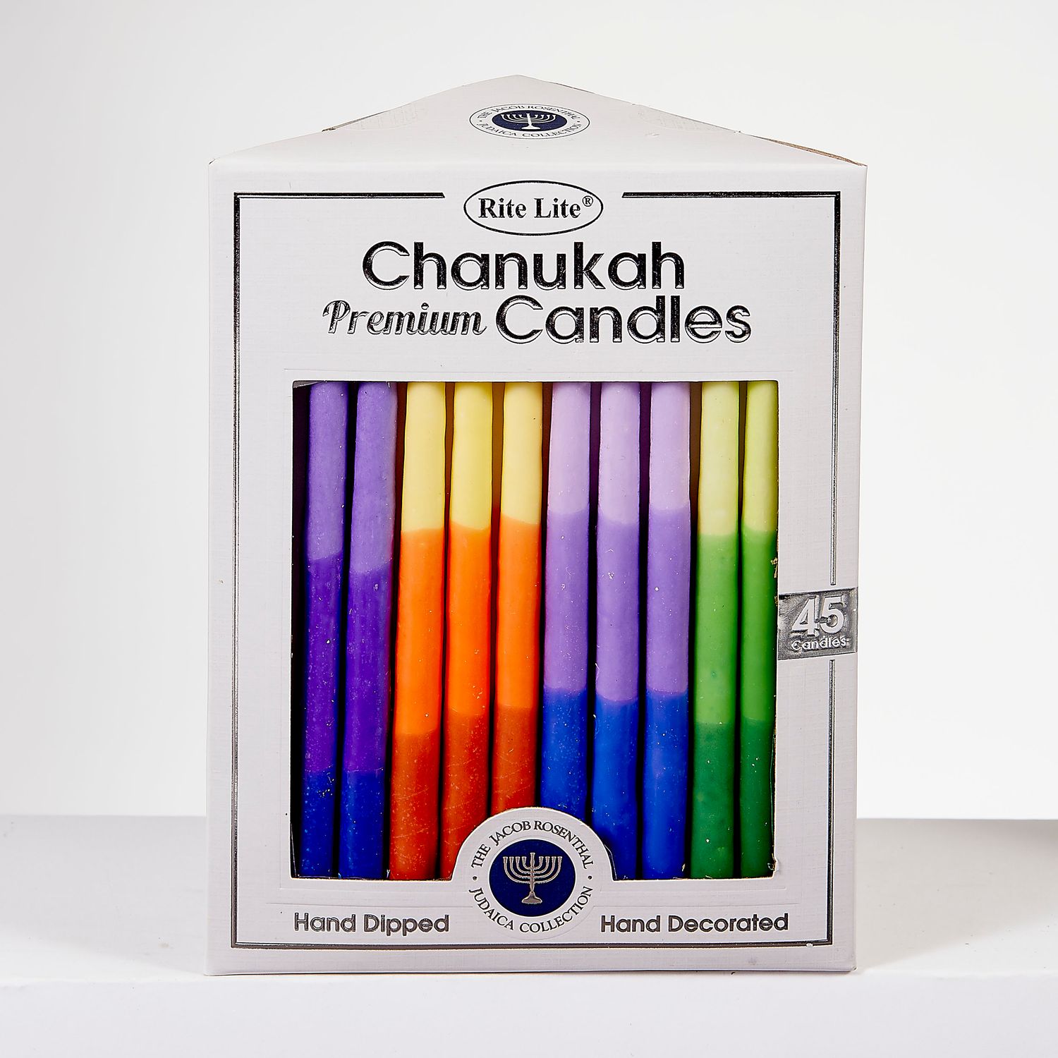 CHANUKAH CANDLES, PREMIUM,HAND DIPPED,MULTI TRICOLOR, 45/GIFT BOX