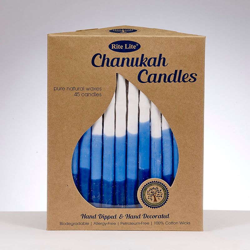 CHANUKAH CANDLES,PREMIUM,PURE VEG. WAX,BLU/WHIT TRICOLOR,45/GFTBX