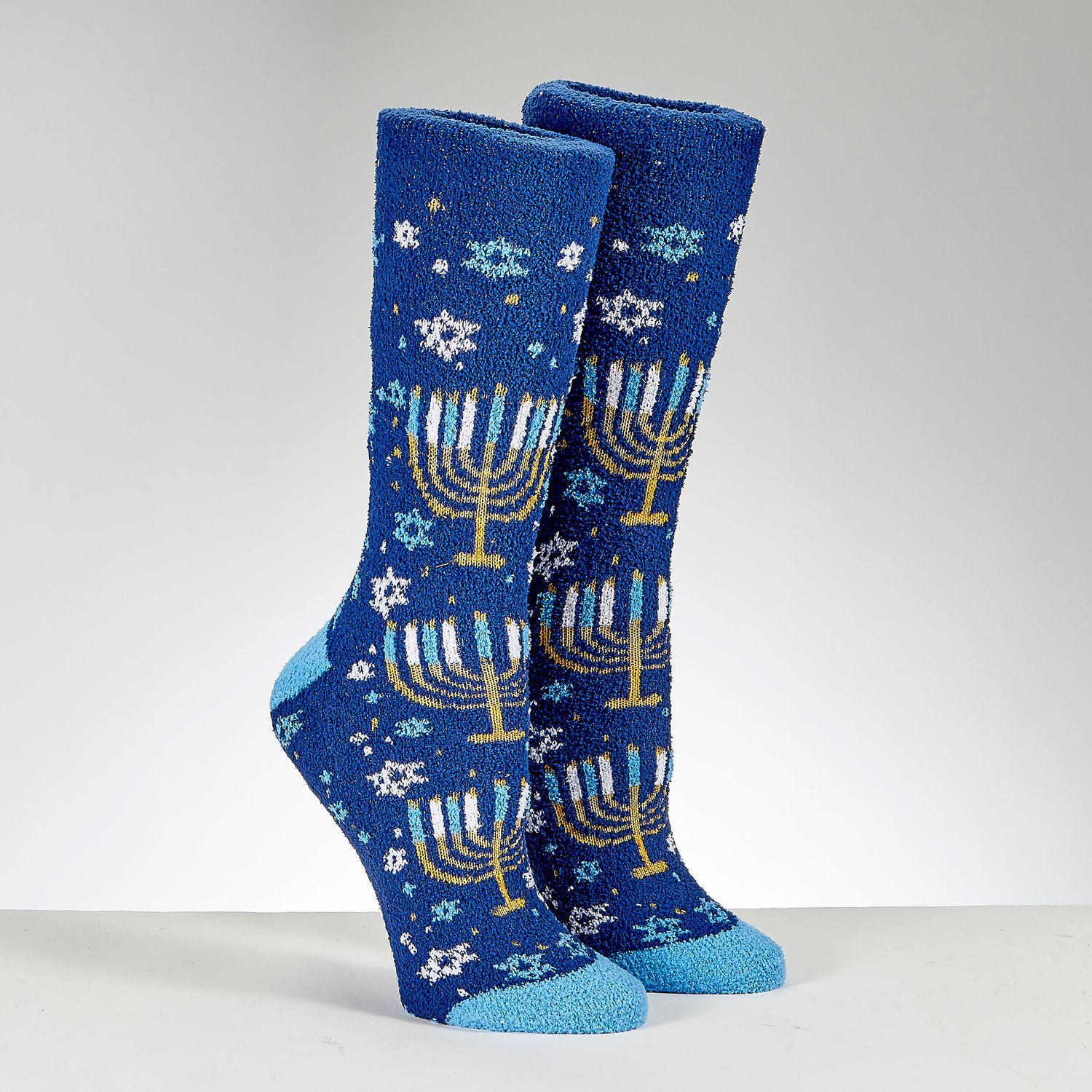 CHANUKAH COZY SLIPPER SOCKS,METALLIC MENORAHS,POLY,ADULT, CARDED