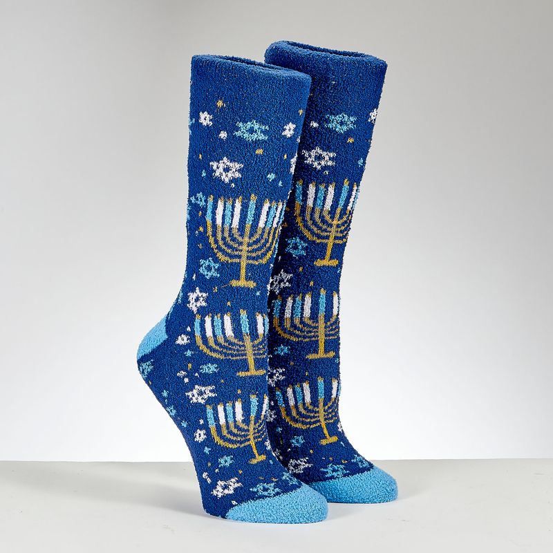 CHANUKAH COZY SLIPPER SOCKS,METALLIC MENORAHS,POLY,ADULT, CARDED