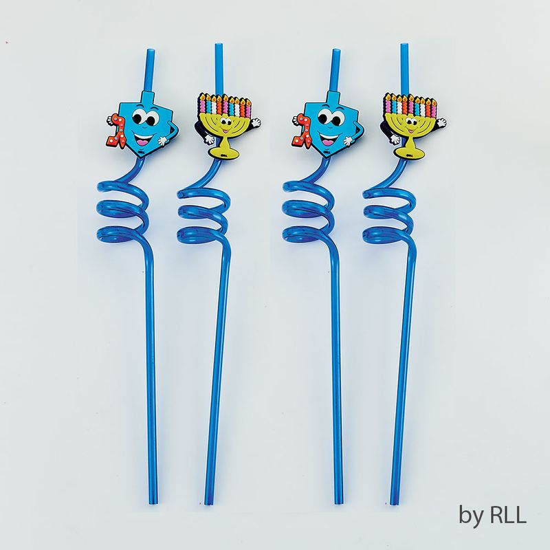 CHANUKAH FUN STRAWS,DREIDEL&amp;MENORAH,PLASTIC,9",SET OF 4,HEADER