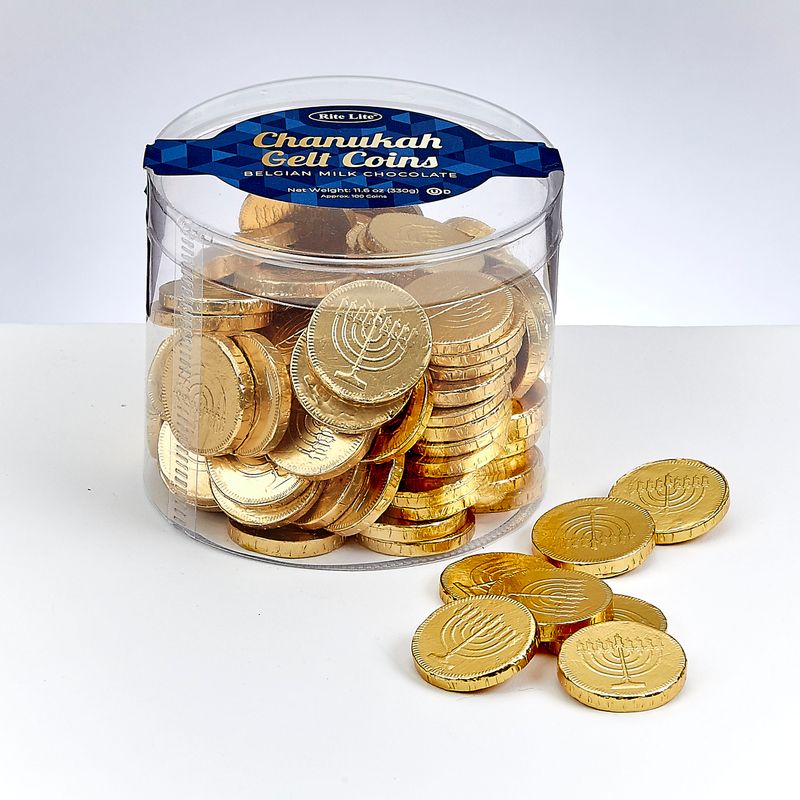 CHANUKAH GELT,BELGIAN MILK CHOC COINS,11.64 OZ,APP. 100 COIN/TB