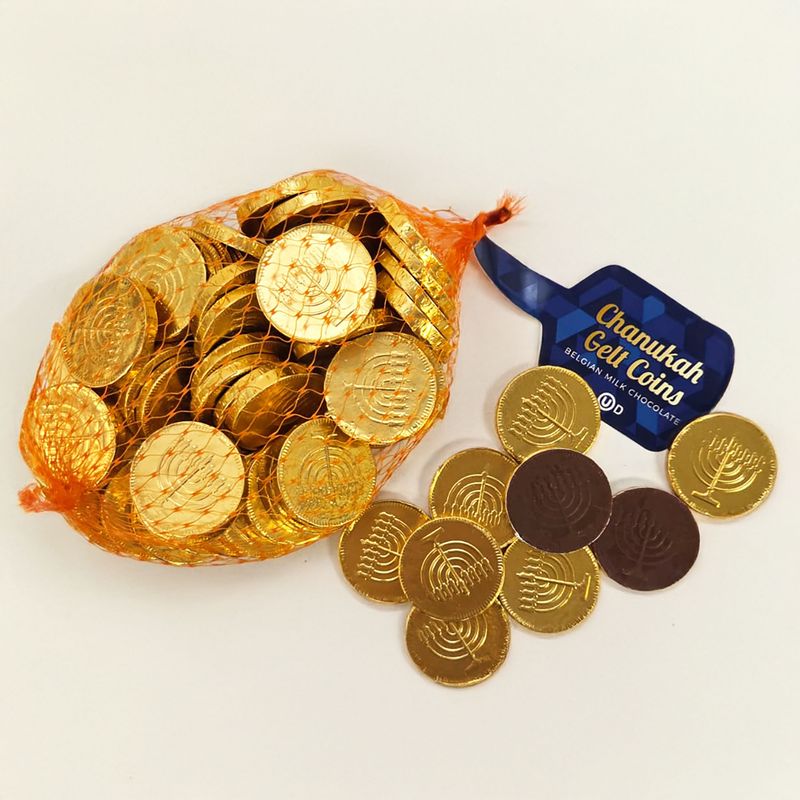 CHANUKAH GELT, BELGIAN MILK CHOC COINS, 6OZ,50COINS/MESHBAG