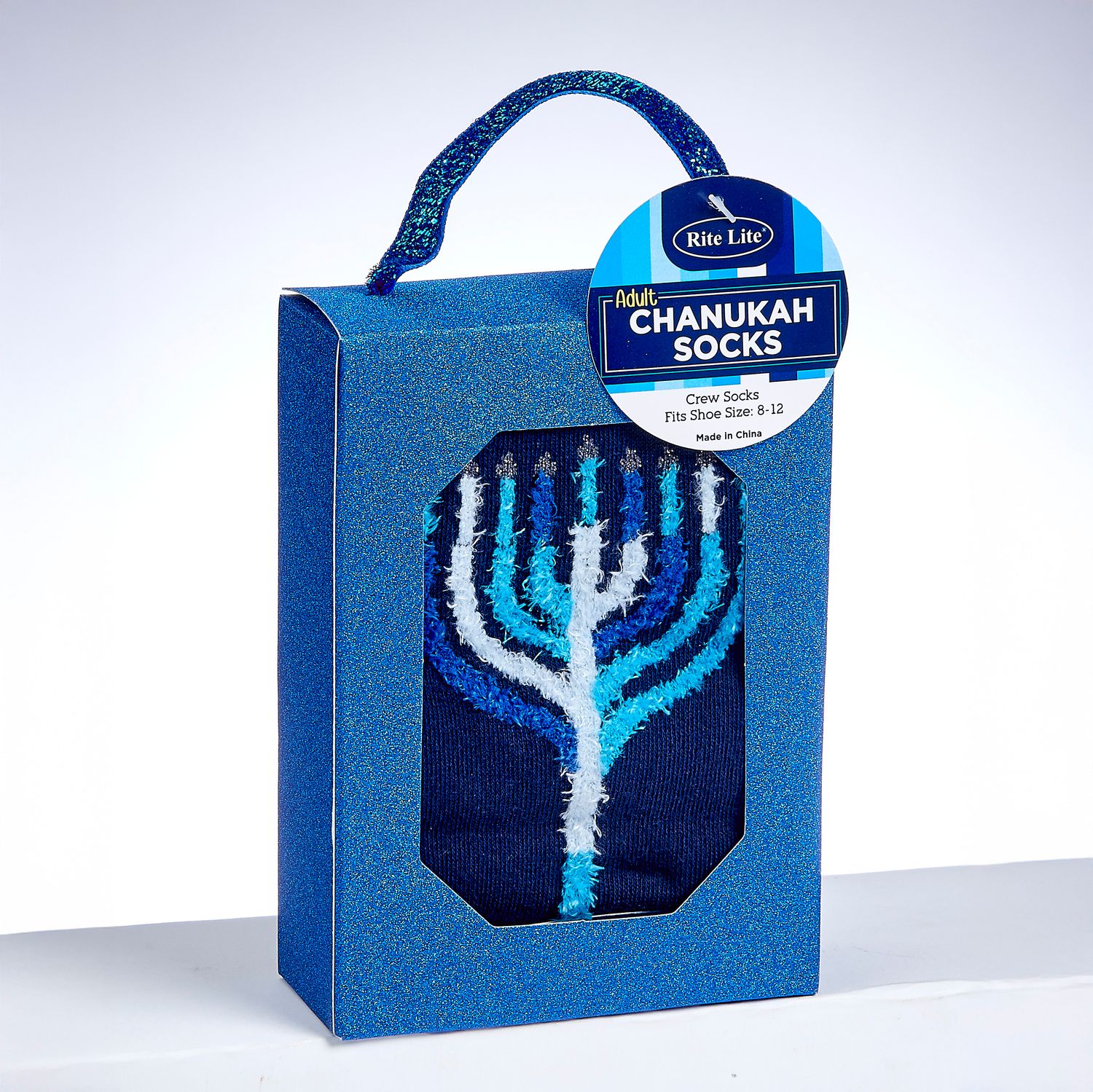 CHANUKAH SOCKS, FUZZY MENORAH, COTTON BLEND, ADULT CREW, GIFT BOX