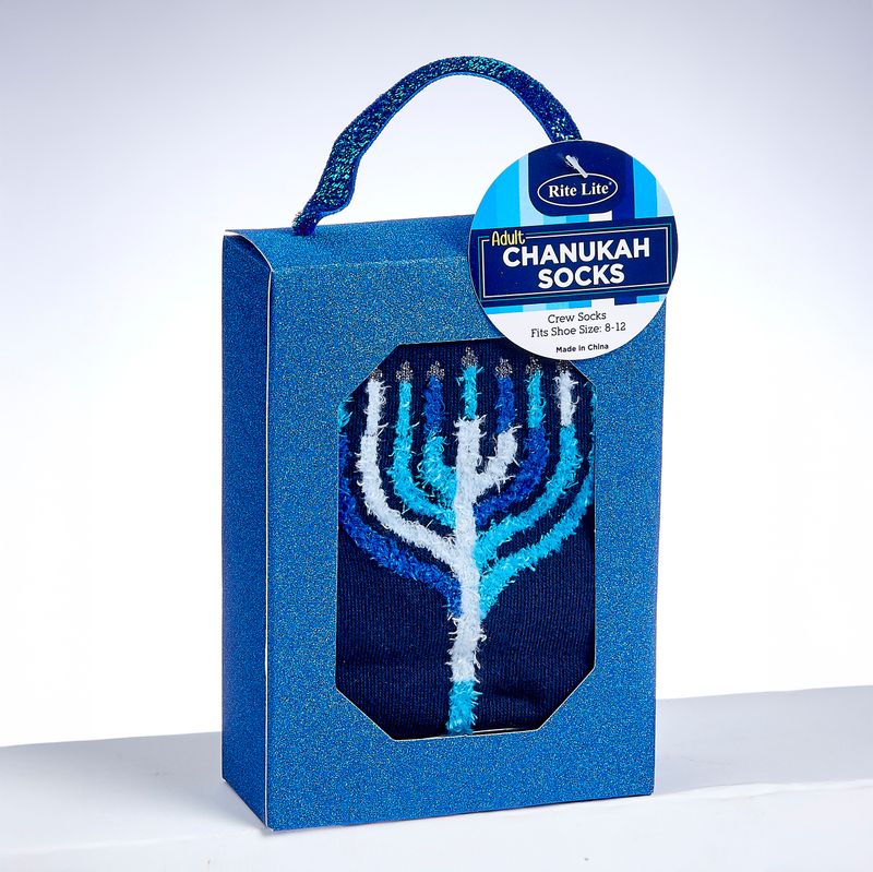 CHANUKAH SOCKS, FUZZY MENORAH, COTTON BLEND, ADULT CREW, GIFT BOX
