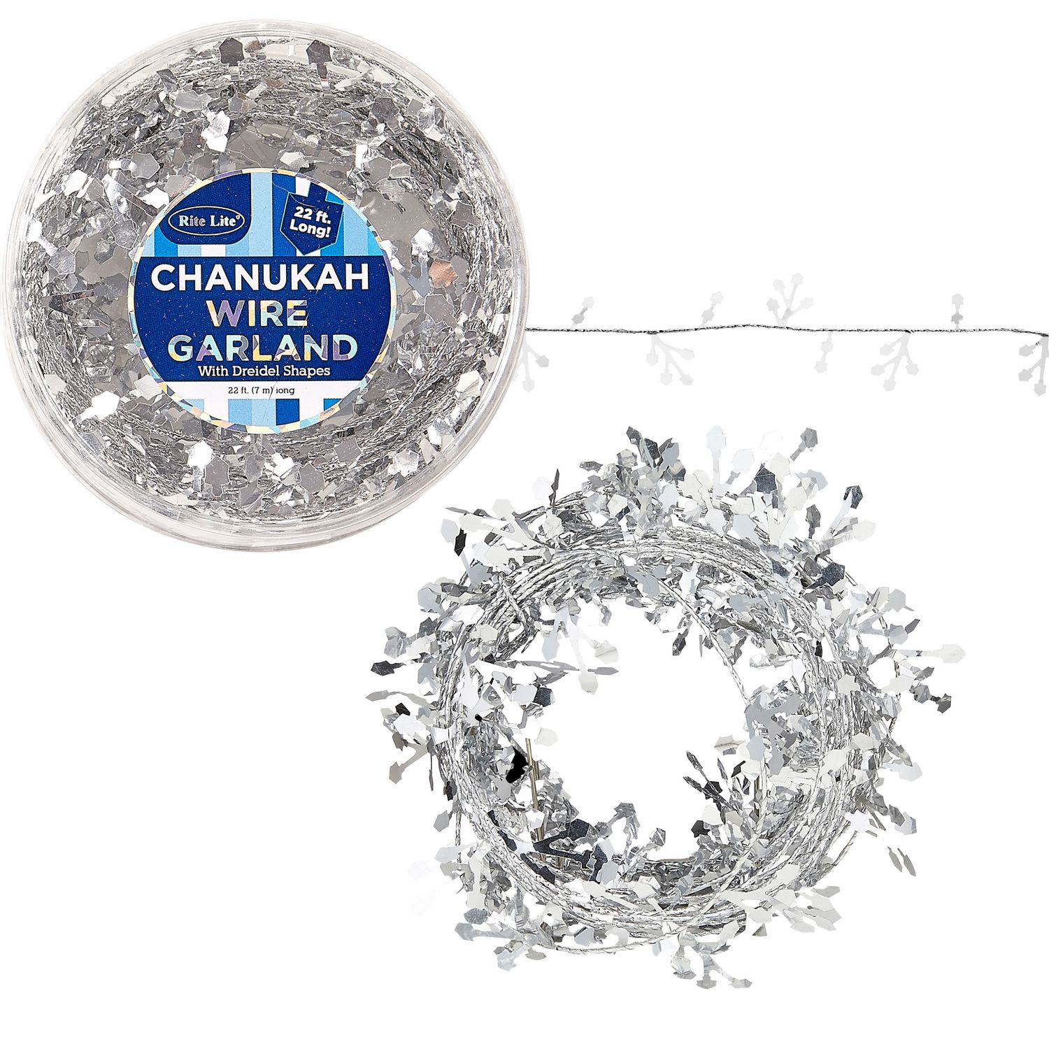 CHANUKAH WIRE GARLAND, 22', SILVER DREIDELS, GIFT BOX