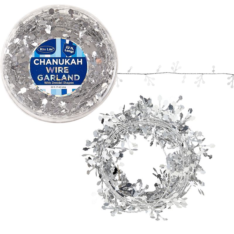 CHANUKAH WIRE GARLAND, 22', SILVER DREIDELS, GIFT BOX