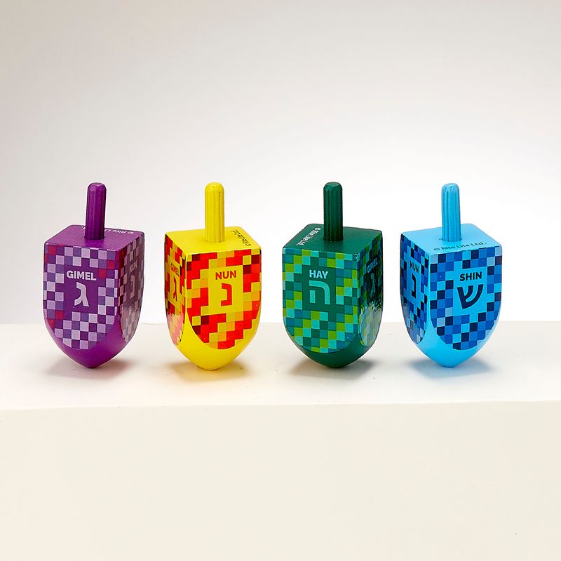 DREIDELS, DECORATED WOOD, ASSORTED COLORS,LARGE, 2.5"H,25/CLR BOX