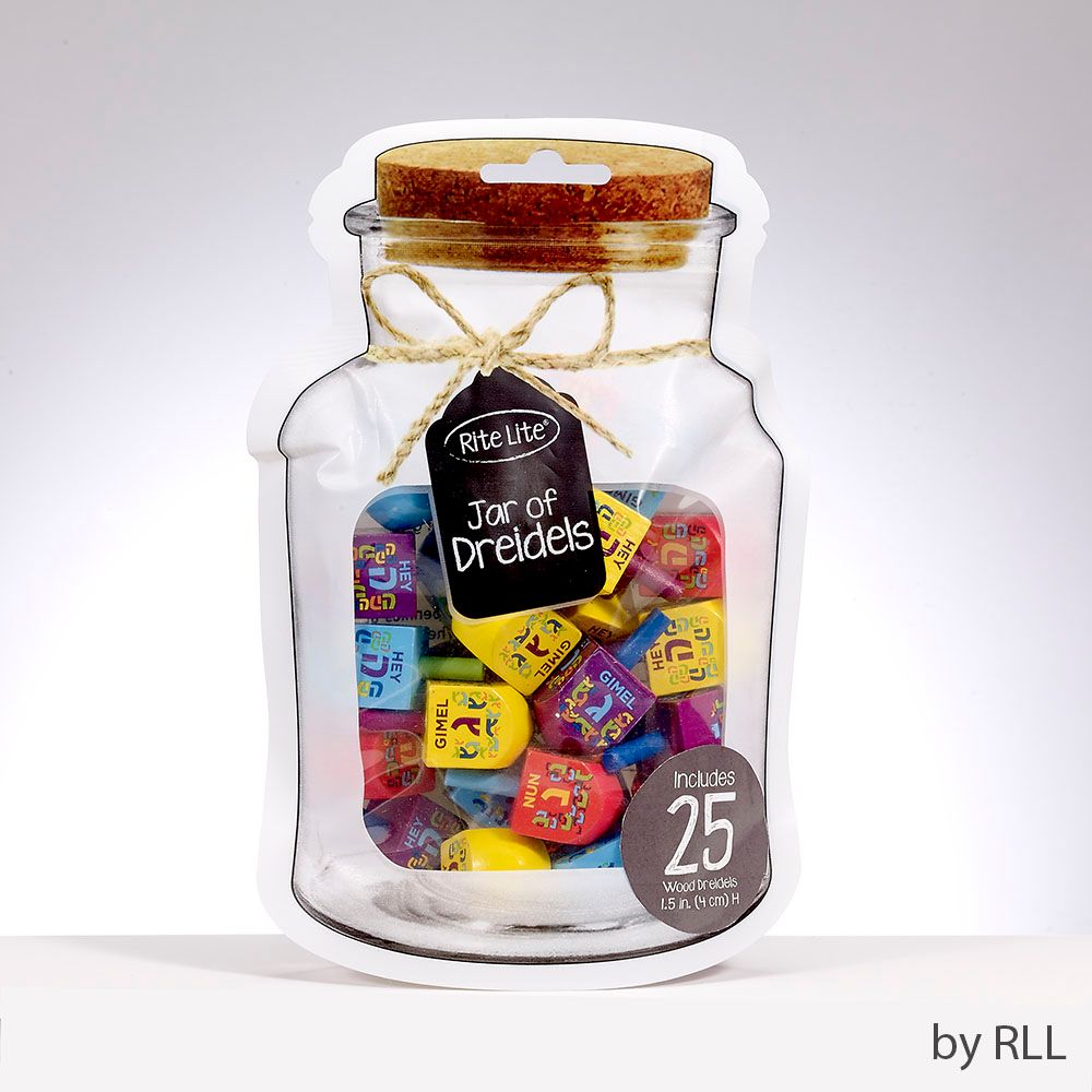DREIDELS, "JAR", WOOD,MULTI, SMALL, 25 DREIDELS/JAR POUCH