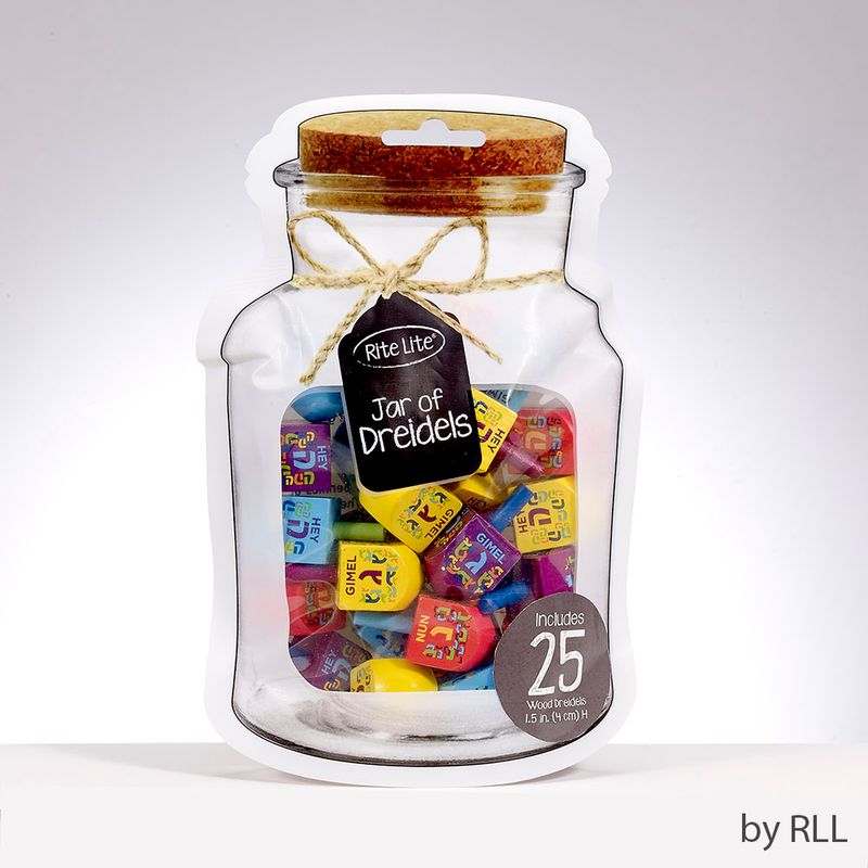 DREIDELS, "JAR", WOOD,MULTI, SMALL, 25 DREIDELS/JAR POUCH