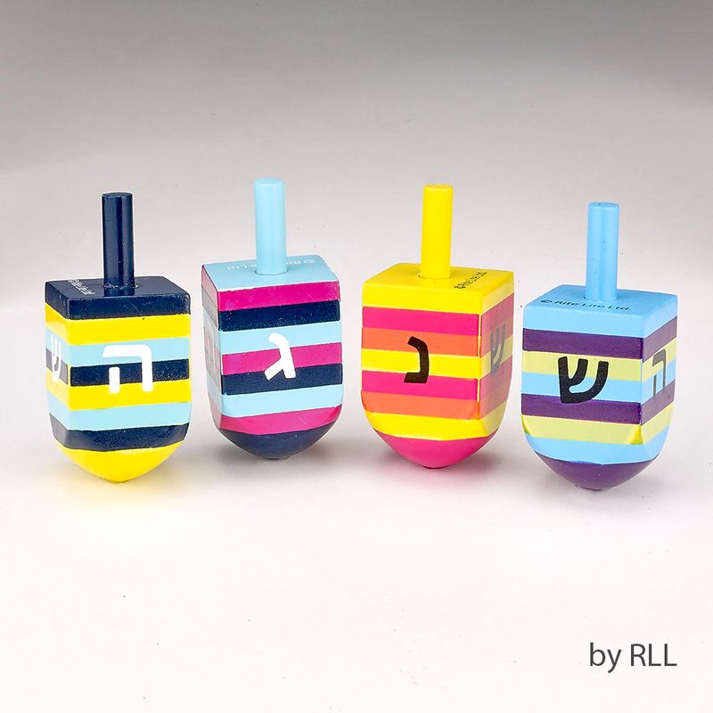 DREIDELS,"STRIPES",HAND-PAINTED WOOD,MULTI,LARGE,2.25"H,4/GIFTBOX