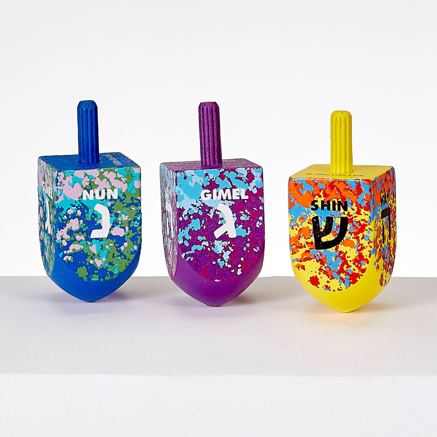 DREIDELS, "SPLASH", HAND-PAINTED WOOD, LARGE, 2.25", 3/GIFT BOX