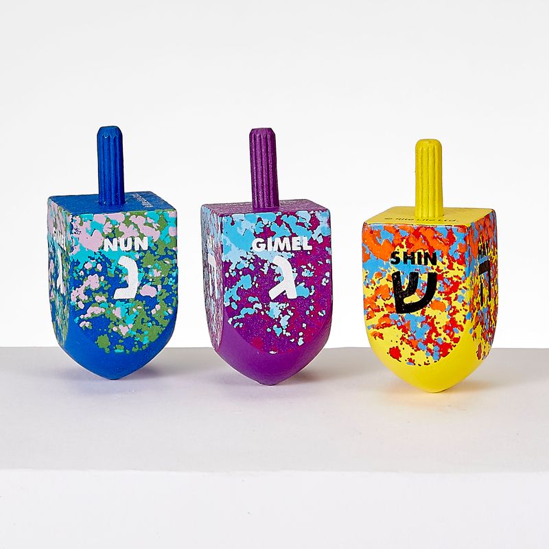 DREIDELS, "SPLASH", HAND-PAINTED WOOD, LARGE, 2.25", 3/GIFT BOX