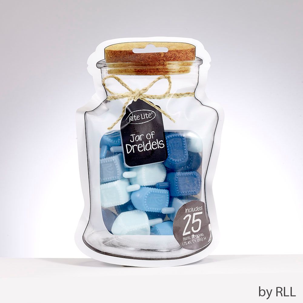 DREIDELS,"JAR",PLASTIC,SHADES OF BLUE,MED.,25 DREIDELS/JAR POUCH