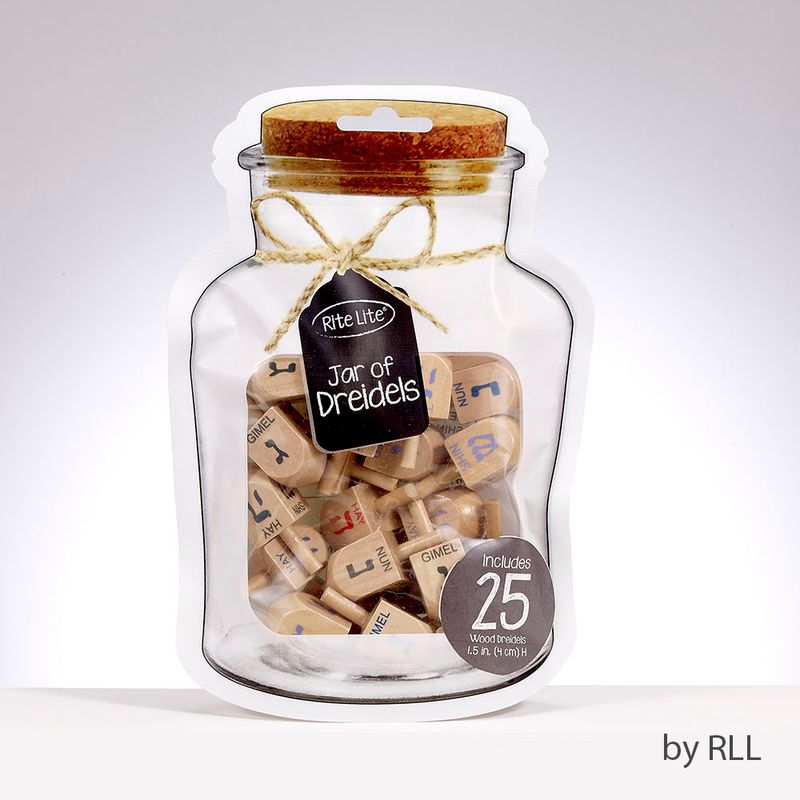 DREIDELS, "JAR", WOOD, NATURAL, SMALL, 25 DREIDELS/JAR POUCH