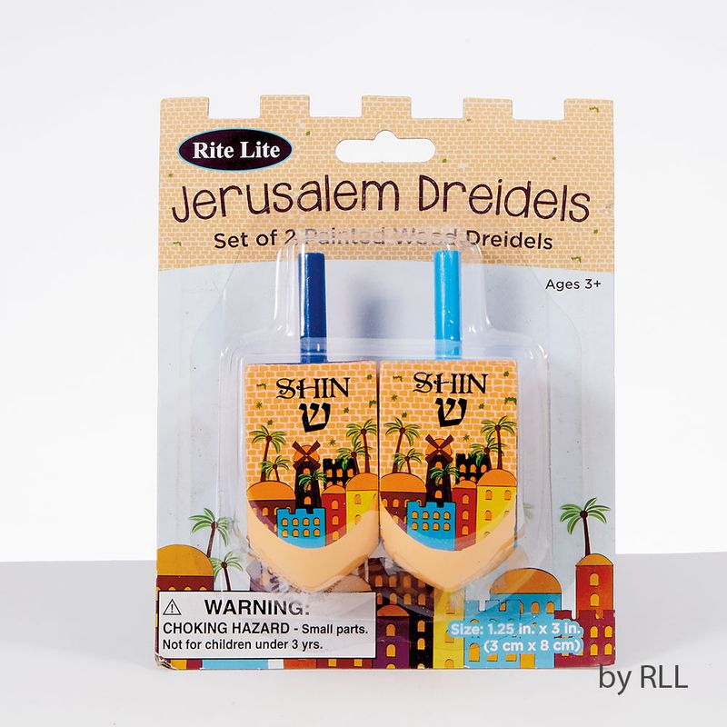 DREIDELS, "JERUSALEM", DECORATED WOOD, LARGE, 3"H, 2/CARD