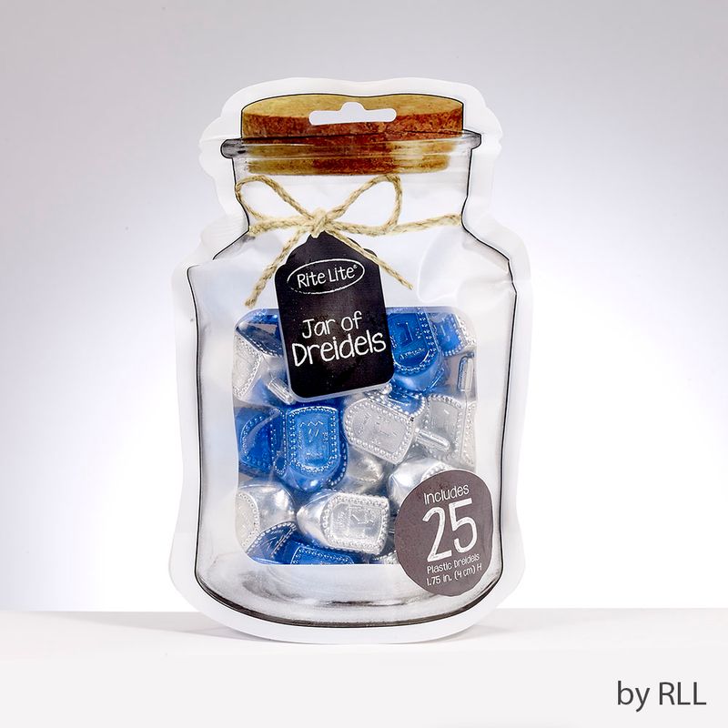 DREIDELS, "JAR",METALLIC,SILVER/BLUE,MEDIUM,25 DREIDELS/JAR POUCH