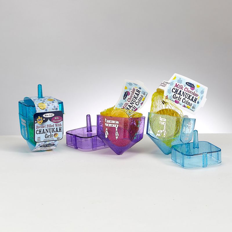 GELT FILLED DREIDELS, PLASTIC, 0.5 OZ, 3.5"H, 24/DISPLAY