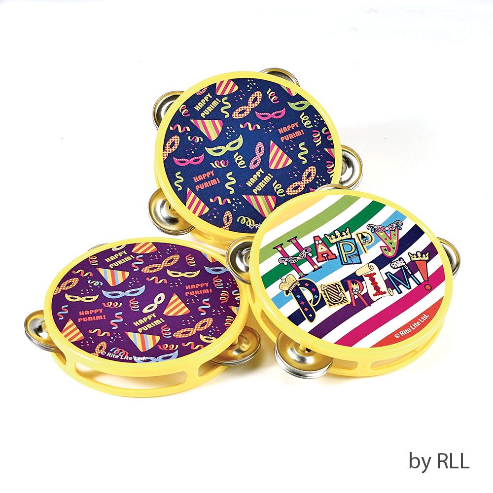 HAPPY PURIM TAMBOURINE NOISEMAKER, PLASTIC, 5.5", LABEL